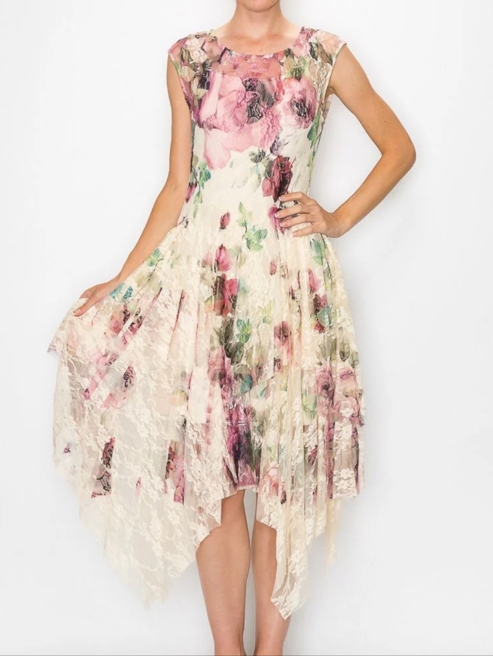 NWT Origami  ~ Big Rose Lace Asymmetrical Midi Dress Size Small